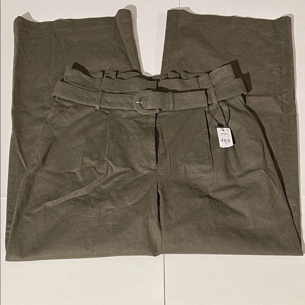 Express Wide Leg Super High Rise Olive Army Green Linen Blend Pants Trousers 12